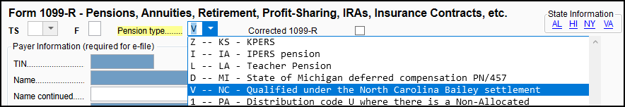 Image of " V - Qualified under the NC Bailey settlement" selected from the "Pension type" drop list on screen 1099